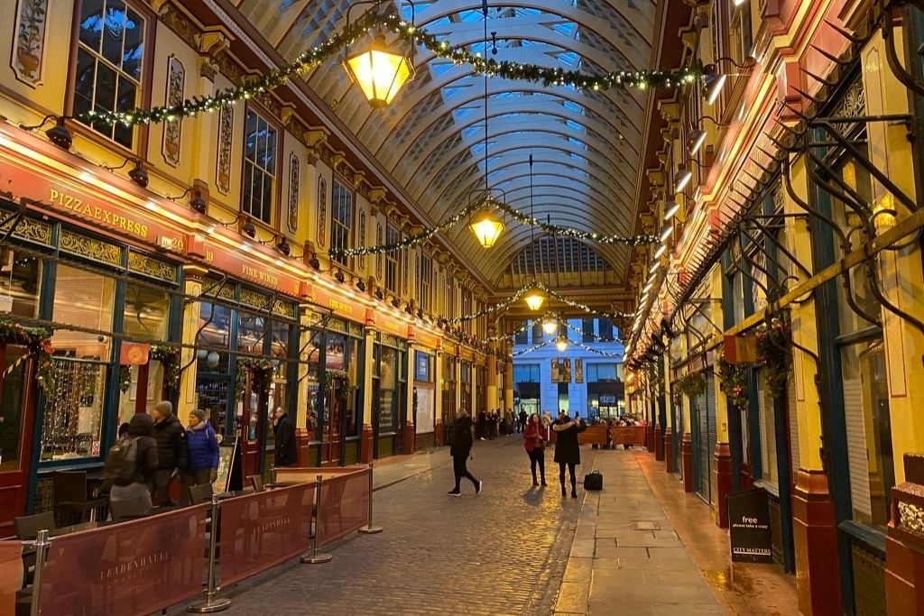 Leadenhall Market at Christmas. Arched Victorian shopping arcade in London.