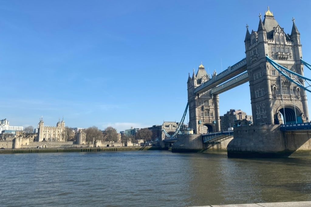 View of Tower Bridge in London from Potters Fields Park.