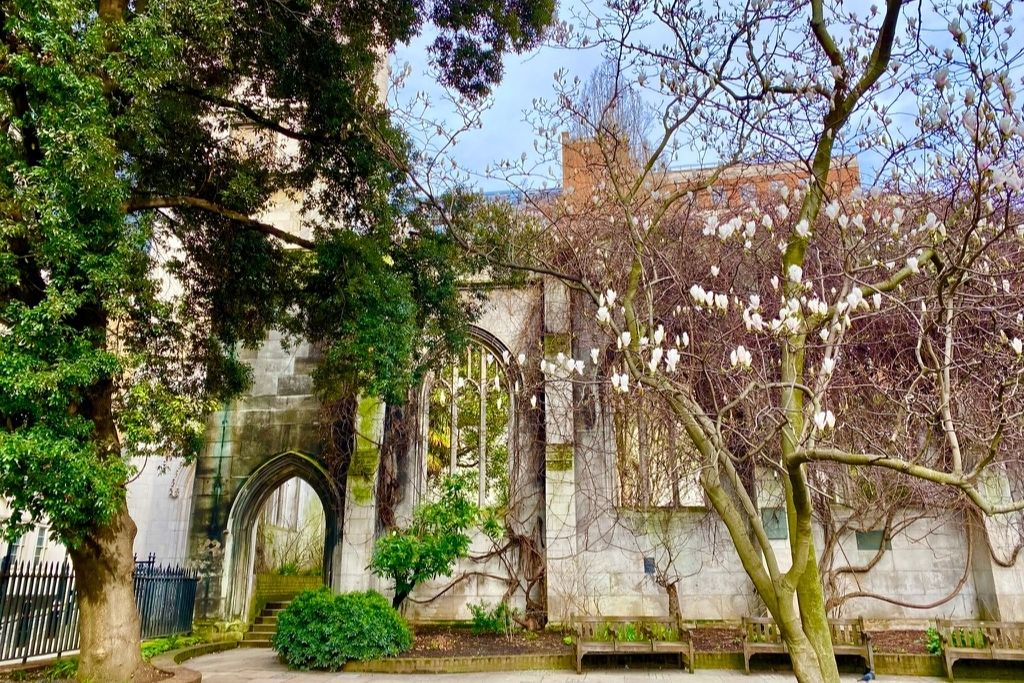 Ruins of St Dunstan in the East church in London.