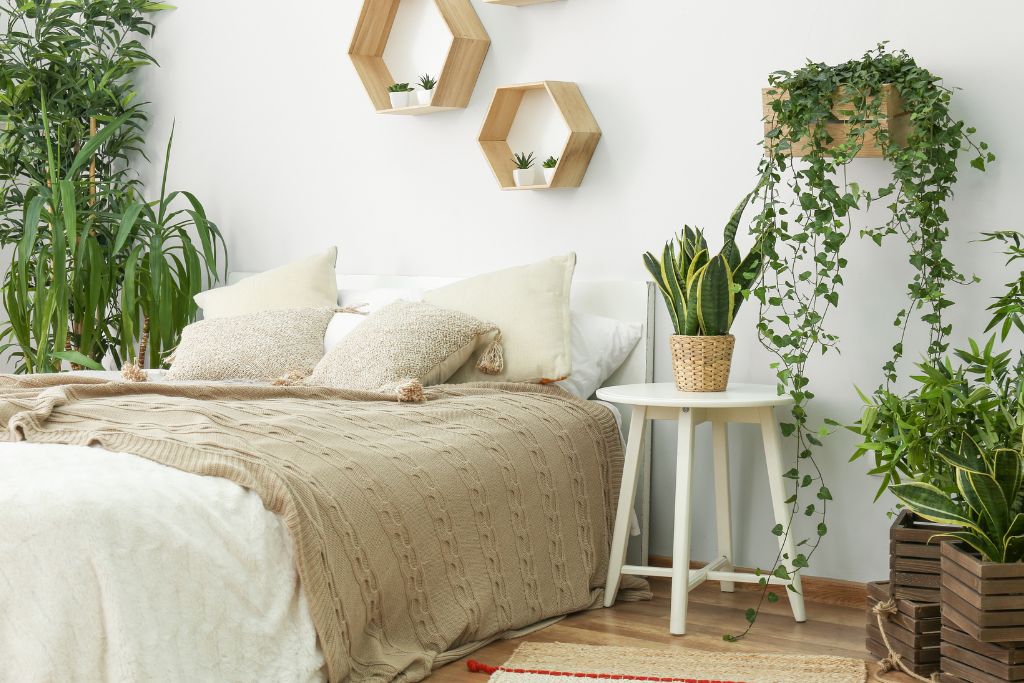 Bed surrounded by houseplants.