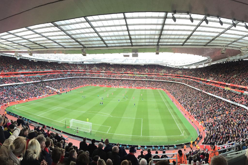 Football (soccer) match at the Arsenal stadium in north London.