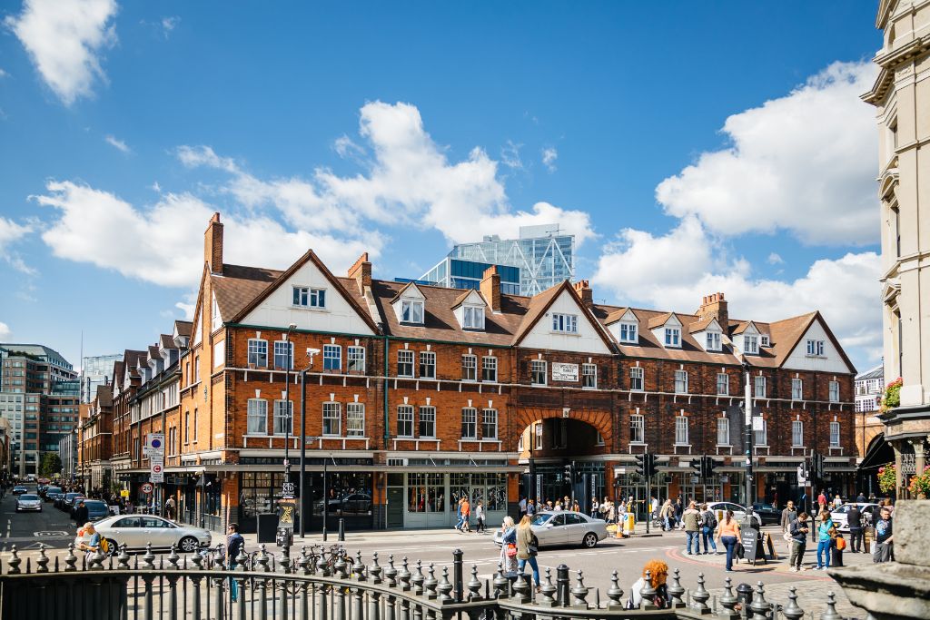 Exterior of the building housing Spitalfields Market in London.