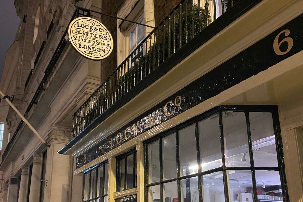 Lock & Co Hatters St James Street London shopfront at night