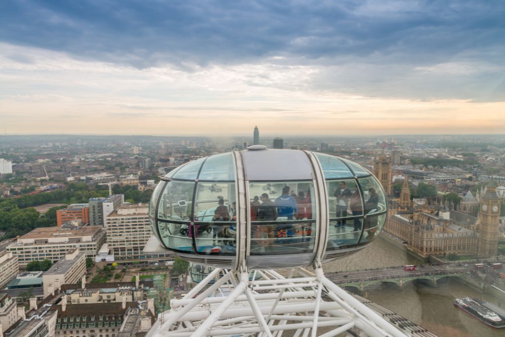 London Eye view over a cloudy cityscape.
