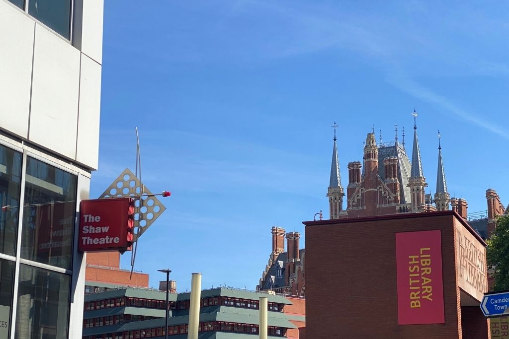 Entrance to the British Library with St. Pancras in the background.