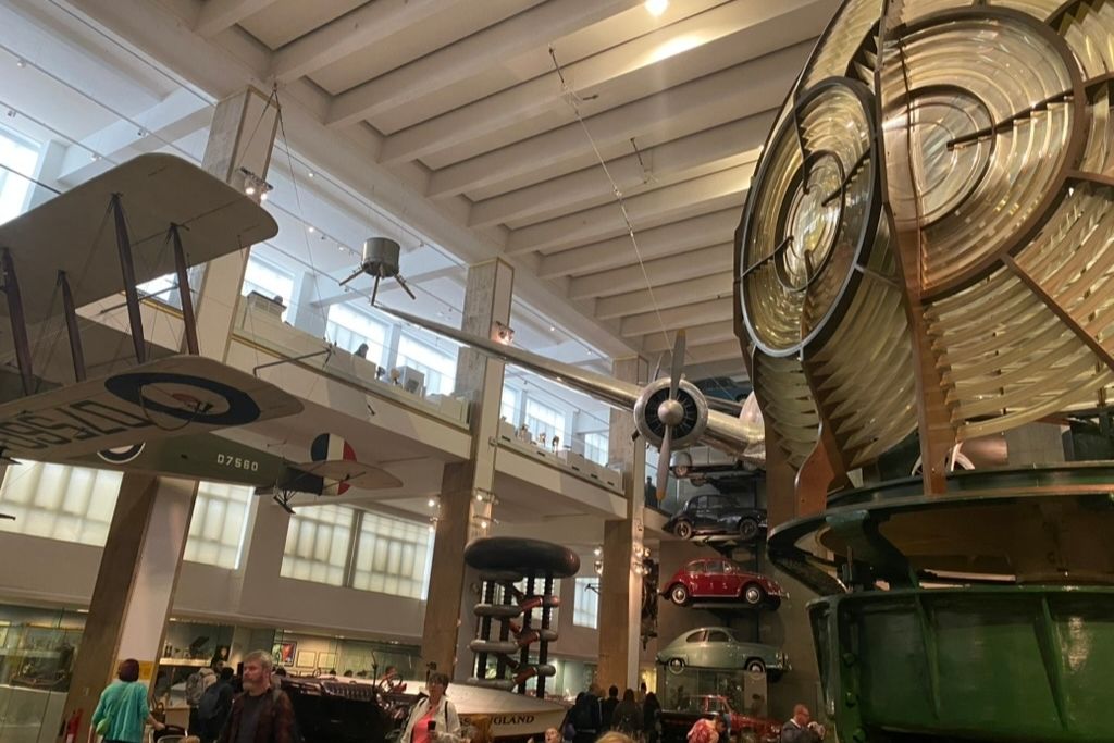 Transportation room at the London Science Museum. Displays cars, airplanes and more.
