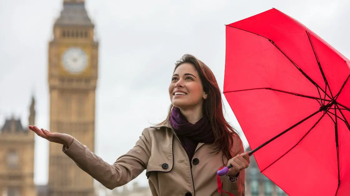 Woman in London in Autumn with umbrella