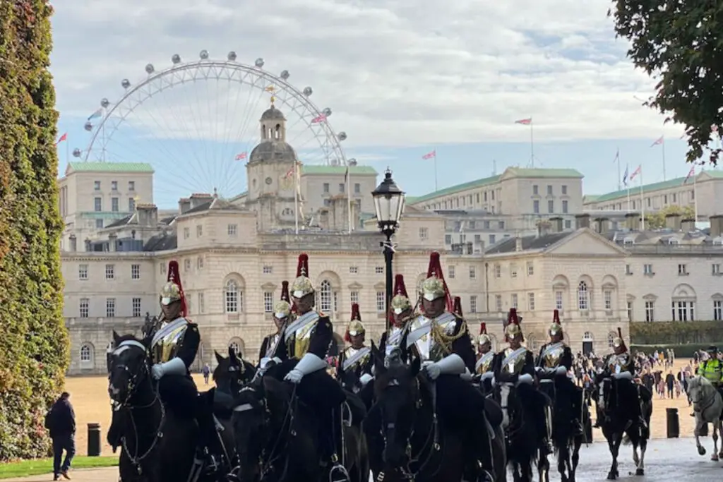 Horse Guards parade by in London with London Eye in background