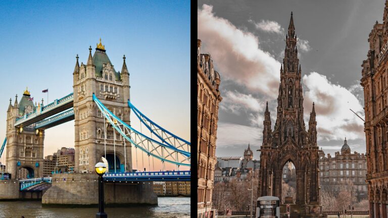 Tower Bridge London and Scott Monument Edinburgh