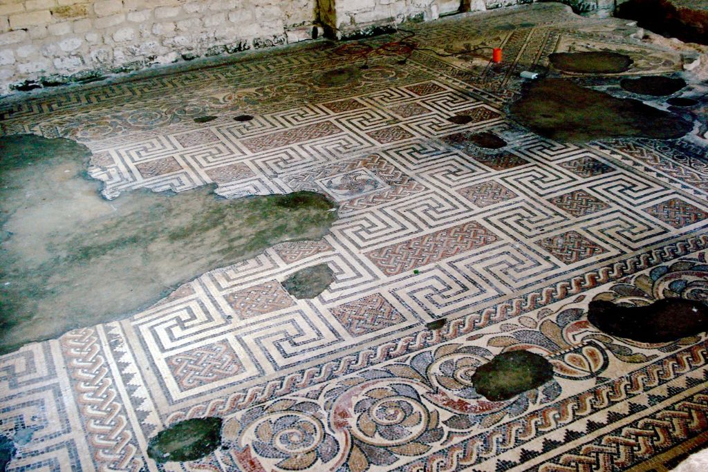 Mosaic tile floors at Chedworth Roman Villa in the Cotswolds.