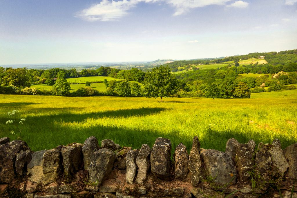Cotswolds countryside with stone wall in the foreground.