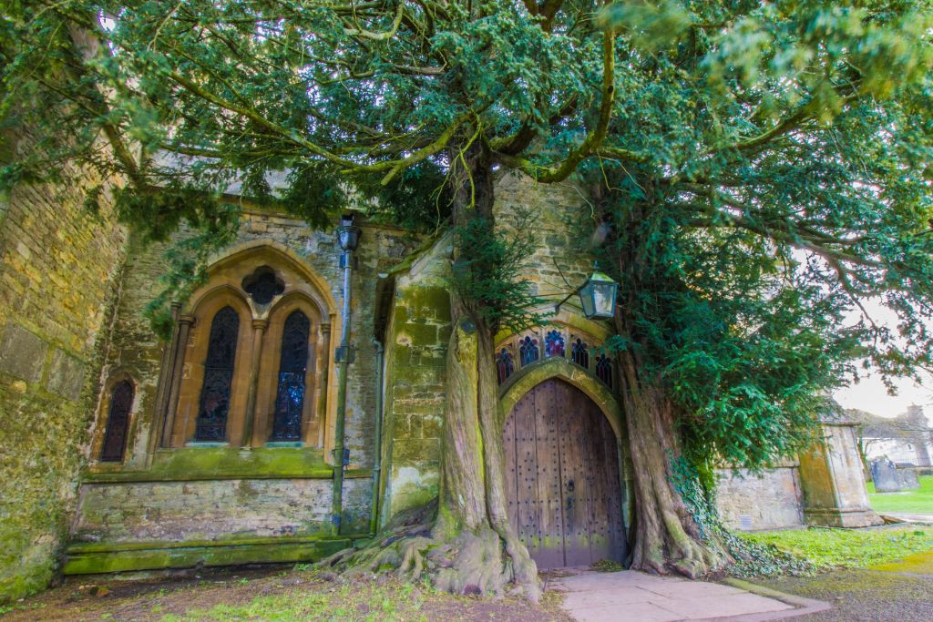 North Door of St. Edward's Church in Stow-on-the-Wold. The large arched wood door is framed by two yew trees growing against the church stone on either side of the door. This is the first stop on our 3 day Cotswold itinerary.