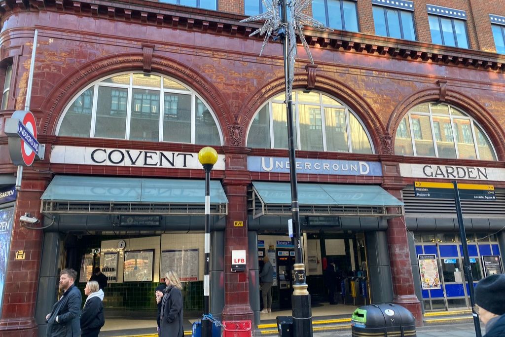 Street level entrance for the Covent Garden station on the London Tube.