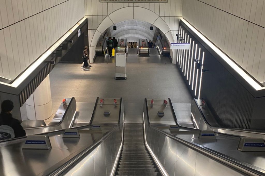 London Underground escalators on the Elizabeth line.