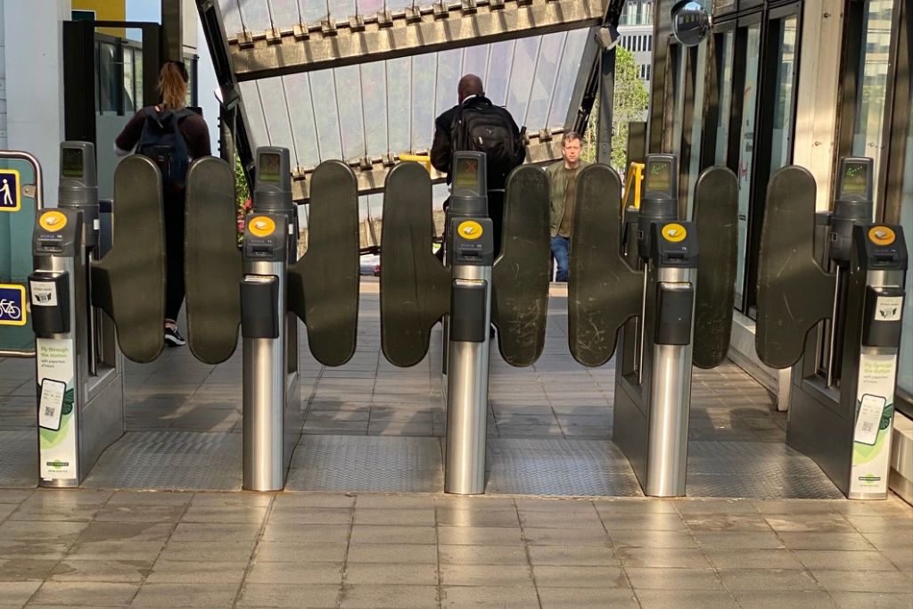 Train gates in East Croydon, London.