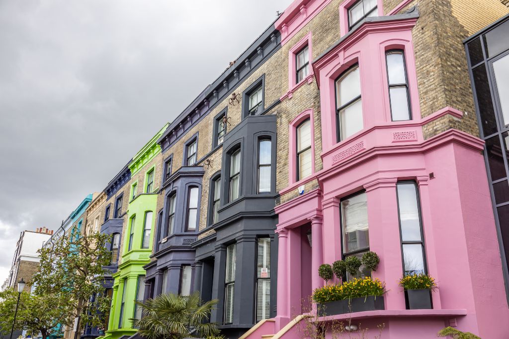 Colorful painted houses in the Notting Hill neighborhood of London.