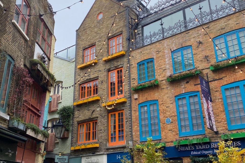 Colorful buildings in Neals Yard, part of Seven Dials in Covent Garden, London.