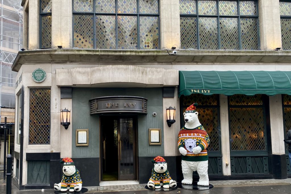 Christmas polar bear statues outside the original Ivy in Covent Garden.