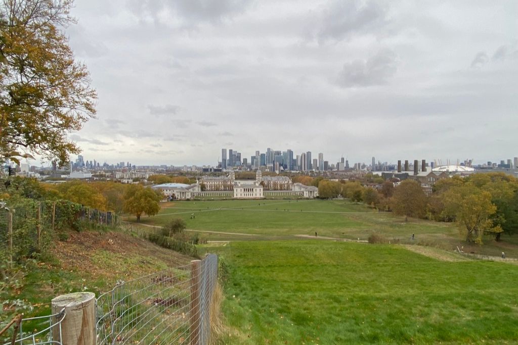 Skyline view of London from near the Royal Observatory in Greenwich.